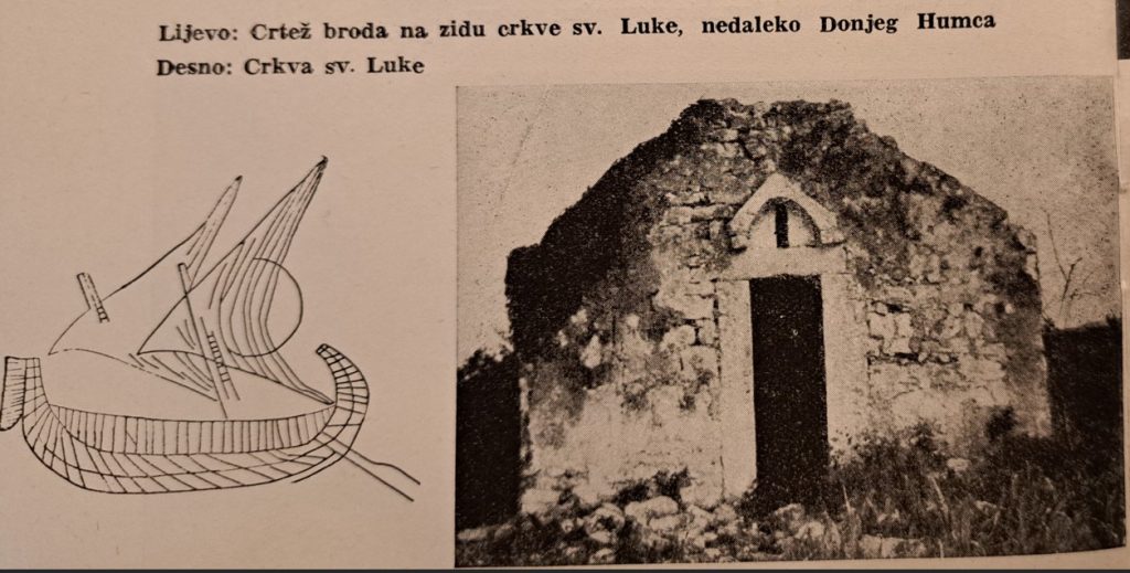 Najstariji crtež koji prikazuje plovidbu pod jedrima na zidu crkve sv. Luke kod Donjeg Humca i desno crkva sv. Luke